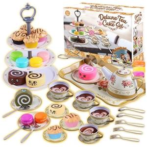 Jogo de Chá Infantil 23 Peças com Suporte para Bolo de 3 Camadas e 14 Sobremesas para Crianças Acima de 3 Anos, Cheffun, Marrom