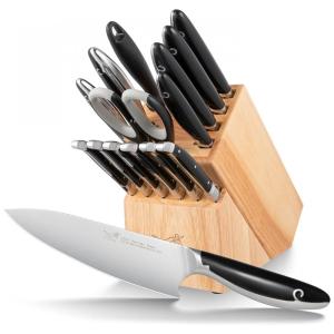 Conjunto de Facas YONOVAK em Aço Alemão com Bloco de Bancada Multinível, 15 Peças, Preta