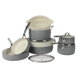 Jogo de Panelas Esmaltadas em Alumínio com Interior de Cerâmica Antiaderente e Não Tóxico, 12 peças, Bloomhouse, Cinza
