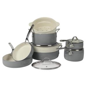 Jogo de Panelas Esmaltadas em Alumínio com Interior de Cerâmica Antiaderente e Não Tóxico, 12 peças, Bloomhouse, Cinza