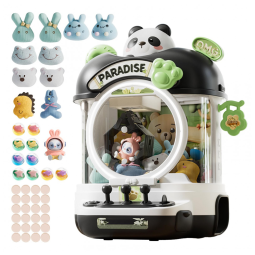 Máquina de Garra Preto e Branco – Mini Arcade Infantil com 10 Pelúcias, 10 Brinquedos, 10 Ovos‑Surpresa, 24 Moedas, Luzes LED e Música