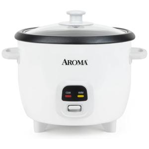 Panela de Arroz AROMA, 3 Xícaras (Cru) / 6 Xícaras (Cozido), Pequeno, Fazendeiro de Mingau, Sopa, Manter Aquecido, 1,5L, Branco, ARC-393NG.