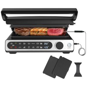 Grill Elétrico com Tela Digital, Controle de Temperatura e Placas de Cozimento Duplas, 110V 1500W, XMIX, Preto