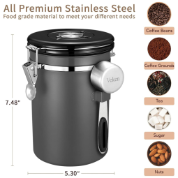 Potes Herméticos para Café com 12 Vávulas de CO2, VEKEN Coffee Canister, Preto