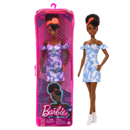 Boneca Barbie Fashionistas 185 com Cabelo Preto Preso e Vestido Jeans Colorido