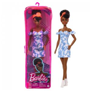 Boneca Barbie Fashionistas 185 com Cabelo Preto Preso e Vestido Jeans Colorido