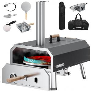 Forno de Pizza a Gás Portátil Aço Inoxidável com Queimador de Gás, Pedra de Pizza de madeira, Casca de Pizza e Bolsa de Transporte, NAIZEA