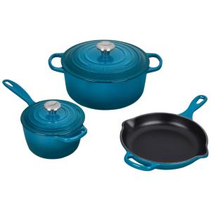 Conjunto de Panelas e Frigideiras Antiaderentes de Ferro Fundido Esmaltado, 5 Peças, Teal, LE CREUSET MS1605 7DSS, Azul