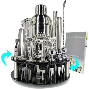 Kit Bartender Profissional 28 Peças com Suporte de Acrílico Giratório, Prata