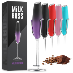 Espumador Elétrico de Leite em Aço Inoxidável a Bateria com Suporte, e Roxo, MILK BOSS Milk Frother with Holster Stand, Preto