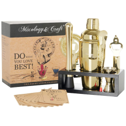 Kit Bartender Profissional 8 Peças em Aço Inoxidável com Suporte de Madeira, Mixology Craft Kit, Dourado