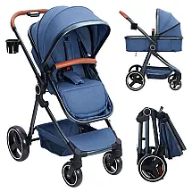 Carrinho de Bebê 2 em 1 com Modo Berço, Assento Reversível e Arnês de 5 Pontos, GAOMON, Azul