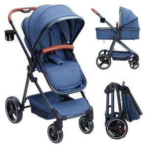 Carrinho de Bebê 2 em 1 com Modo Berço, Assento Reversível e Arnês de 5 Pontos, GAOMON, Azul