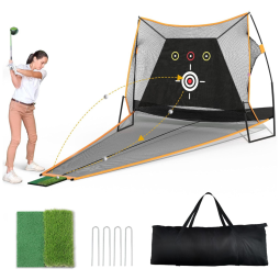 Rede de Treino para Golfe de 3m x 2,1m com Retorno Automático de Bola, Inclui 1 Tapete de Rebatidas e Bolsa de Transporte para Ambientes