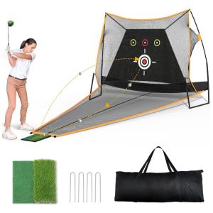 Rede de Treino para Golfe de 3m x 2,1m com Retorno Automático de Bola, Inclui 1 Tapete de Rebatidas e Bolsa de Transporte para Ambientes