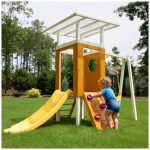 Playground Infantil de Madeira com Escorregador, Balanço, Escada e Parede de Escalada, 18 meses a 5 anos, Avenlur, Amarelo