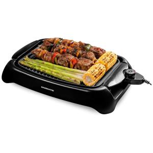 Churrasqueira Elétrica OVENTE com Revestimento Antiaderente de 33x25cm, 1000W, Controle de Temperatura, Placa de Grelhar e Bandeja