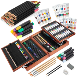 Kit de Pintura Profissional com Maleta de Madeira, 174 Peças, FALLING IN ART CT0076, Marrom