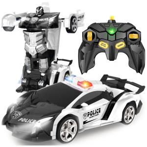 Carrinho de Controle Remoto Britik, Drift 360°, Escala 1:18, Transformação com 1 Botão, Presente para Crianças de 4 a 6 Anos, Carro Policial