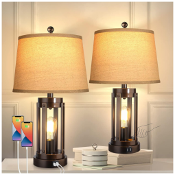 Kit 2 Luminárias de Mesa Vintage em Metal e Abajur de Tecido, WIHTU, Preto