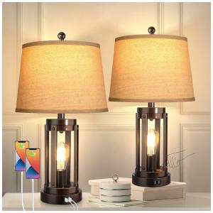 Kit 2 Luminárias de Mesa Vintage em Metal e Abajur de Tecido, WIHTU, Preto