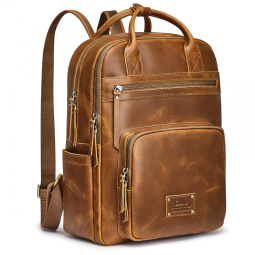 Mochila Feminina de Couro com Alça para Bagagem, S ZONE, Marrom Claro