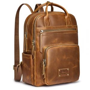 Mochila Feminina de Couro com Alça para Bagagem, S ZONE, Marrom Claro