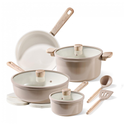 Jogo de Panelas e Frigideiras Cerâmicas CAROTE 15 peças, Antiaderente, Livre de PFOA e PFAS, Marrom Taupe