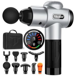 Massageador Pistola Elétrico Profissional Sem Fio 10 Acessórios e 20 Velocidades, TOLOCO EM26, Prateado