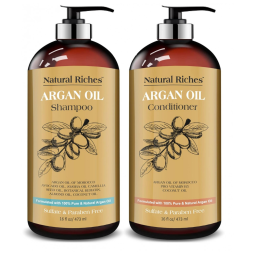 Shampoo e Condicionador Orgânicos de Óleo de Argan Marroquino Restauração e Queda 473ml, NATURAL RICHES, Marrom Escuro