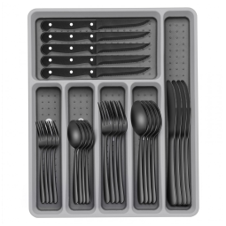 Kit de Talheres Preto de 49 Peças com Organizador EWFEN, em Aço Inox, para 8 Pessoas, Facas de Jantar, Anti-Ferrugem e Polimento Perfeito
