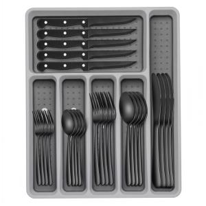 Kit de Talheres Preto de 49 Peças com Organizador EWFEN, em Aço Inox, para 8 Pessoas, Facas de Jantar, Anti-Ferrugem e Polimento Perfeito