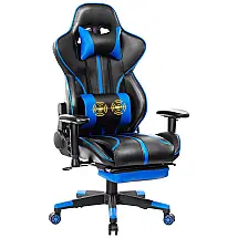 Blue Whale Cadeira Gamer Reclinável e Giratória com Apoio Lombar e Cabeça, Preta e Azul