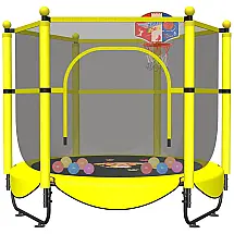 Cama Elastica Infantil com Diâmetro e Cesta de Basquete para até 100 kg, VGMIU Trampoline HS5FT, Amarelo