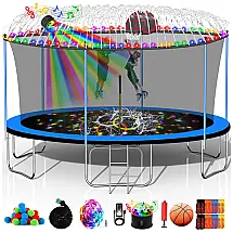 Trampolim 3,7m a 4,9m para Crianças e Adultos 680kg com Cesta de Basquete, Luzes, Sprinkler, Escada e Alto-Falante Azul