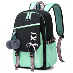 Mochila FENGDONG verde para adolescentes, estilo kawaii com laço e pompom, para notebook até 15,6"
