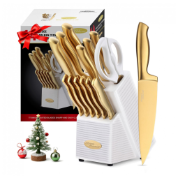 MA21 Conjunto de Facas em Aço Inoxidável com Bloco de Bancada, 14 Peças, MARCO ALMOND, Dourado