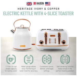 Conjunto torradeira 4 fatias e chaleira elétrica Haden Heritage inox 1,7L marfim e cobre 1500W 110V