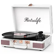 Toca-discos Portátil Retrolife 3 Velocidades Bluetooth com Alto-falantes Integrados e Maleta de Couro PU Vintage