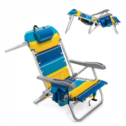 Cadeira de Praia Dobrável com 5 Posições, Porta Bebidas e Apoio para Cabeça, Homevative, Amarela e Azul