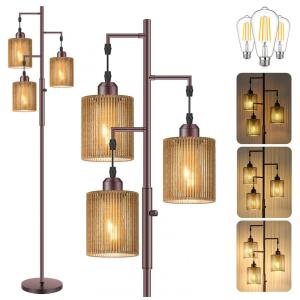 Luminária de piso 1,83 m Hotsonic boho rattan 3 fachos LED dimerizável marrom E26 110V