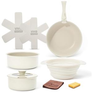 Jogo de Panelas e Frigideiras Antiaderentes, Material em Alumínio com 10 Peças e Cabo Removível, VIVIDCOOKWARE, Branco Creme