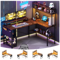 Mesa Gamer em L Aheaplus Marrom Rústico com Tomadas Elétricas LED Reversível Prateleiras Armazenamento 124 x 48 x 150 cm.