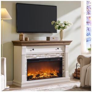 Lareira Elétrica OKD 132,08 cm com Manto, Lareira Autônoma Aquecedora TV Stand com Vidro em 3 Lados para TVs com Armário de Armazenamento