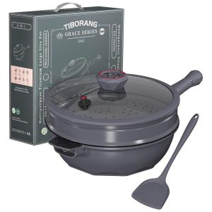 Panela Funda com Tampa de Vidro, Cabo Frio, Grelha a Vapor, Livre de PFOA, Segura para Lava-louças e Forno, TIBORANG,Carvão