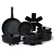 Jogo de Panelas e Frigideiras, Material em Alumínio com 16 Peças e Cabo Removível, Country Kitchen, Diamante Preto
