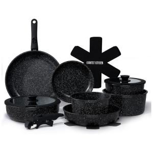 Jogo de Panelas e Frigideiras, Material em Alumínio com 16 Peças e Cabo Removível, Country Kitchen, Diamante Preto