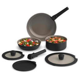 Jogo de Panelas e Frigideiras, 8 Peças com Cabo Removível e Revestimento Antiaderente Cerâmico EverGood™, BELLA, Preto