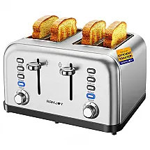 Torradeira 4 Pães em Aço Inox Escovado, Controles Individuais, Espaço Extra para Bagel, Pão e Waffles, 7 Níveis de Tostagem, 4 Fatias,RAMJOY
