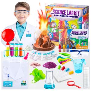 Conjunto de 72 experimentos científicos para crianças com jaleco Klever Kits.